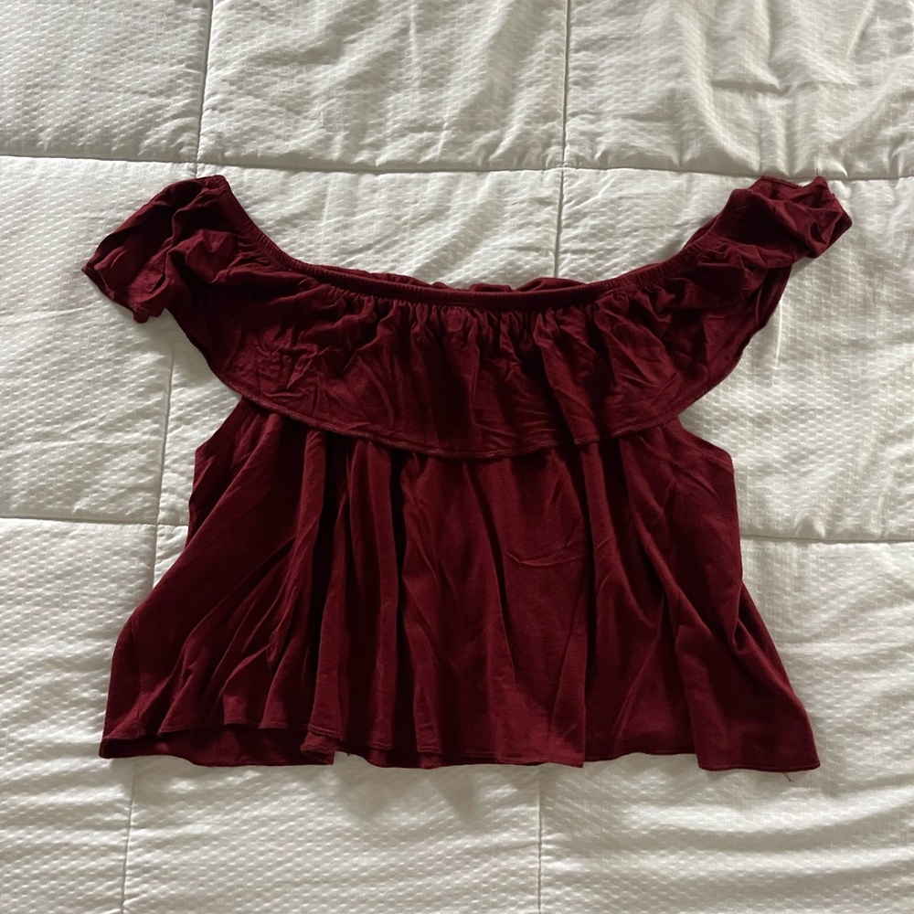 Pull&Bear Burgundy Ruffle Off-Shoulder Crop Blouse